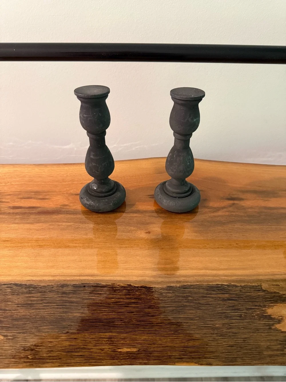 Source Unknown Matte Black Turned Wooden Candlestick Pair
